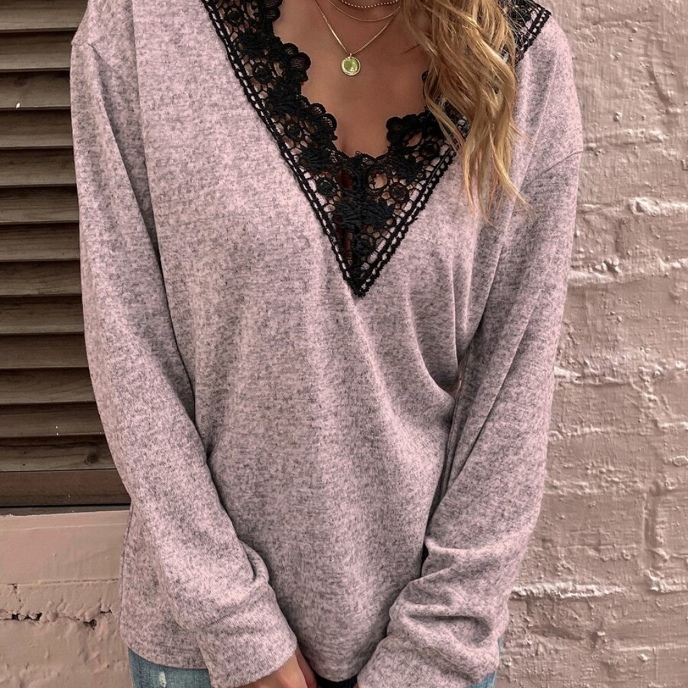Boho Dusty pink Floral lace V neck oversized Top - Picture 10 of 10